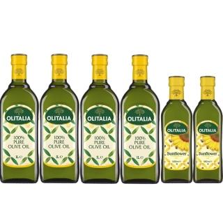 【Olitalia 奧利塔】純橄欖油1000mlx4瓶(+頂級葵花油500mlx2瓶-禮盒組)