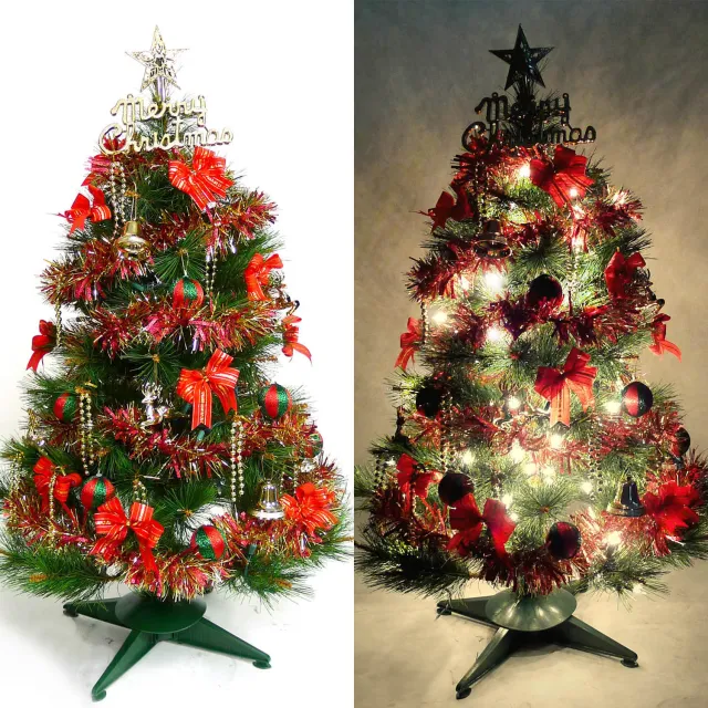 【摩達客】耶誕-3尺/3呎-90cm台灣製特級綠松針葉聖誕樹(含紅金色系配件/含100燈鎢絲樹燈一串/本島免運費)/