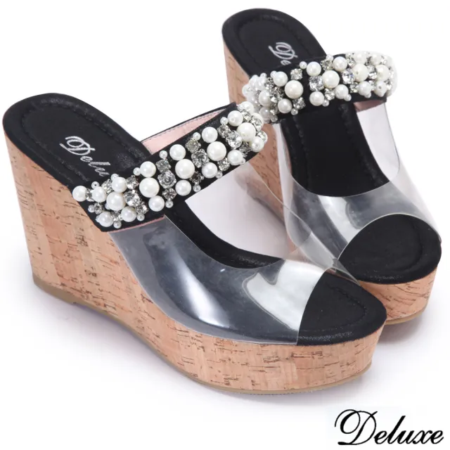 【Deluxe】閃耀黑水鑽珍珠厚底楔型涼鞋(黑)
