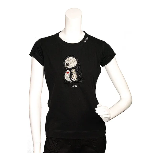 【PINKO】俏皮串珠水鑽繡縫可愛企鵝造型短袖T shirt(M-黑色11D0UT nero limousin)
