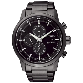 【CITIZEN 星辰】Eco-Drive光動能 簡約時尚三眼計時腕錶-黑/43mm(CA0615-59E)