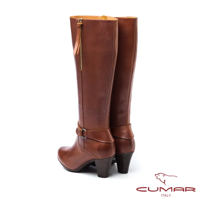 【CUMAR】柔美軍裝風-側拉練牛仔皮環裝飾防水台粗跟長靴(棕色)