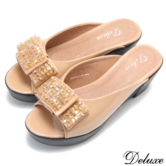 【Deluxe】全真皮時尚可愛寬版蝴蝶結楔型拖鞋(米)