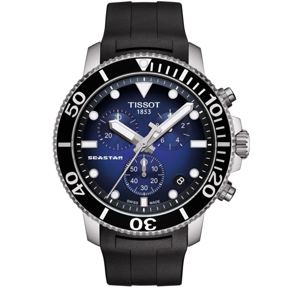 【TISSOT 天梭 官方授權】Seastar 1000海洋之星水鬼300米潛水三眼計時錶-45mm/藍x黑(T1204171704100)