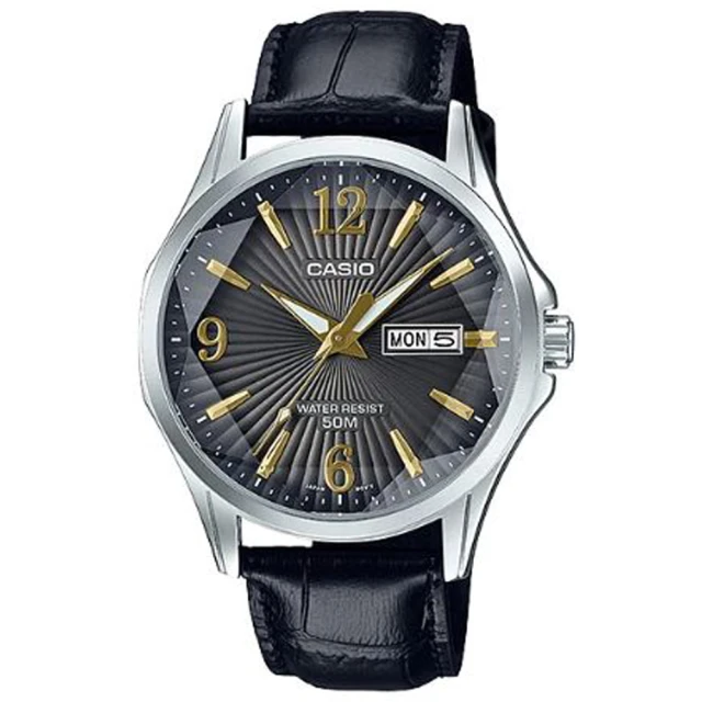 【CASIO 卡西歐】六芒星璀璨閃耀精緻皮帶紳士錶-黑X金(MTP-E120LY-1A)