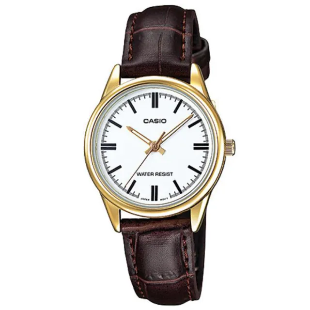 【CASIO 卡西歐】經典時尚金框皮革腕錶-羅馬白面(LTP-V005GL-7A)
