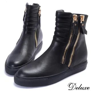 【Deluxe】全真皮個性街頭金屬雙拉鍊厚底短靴(黑)