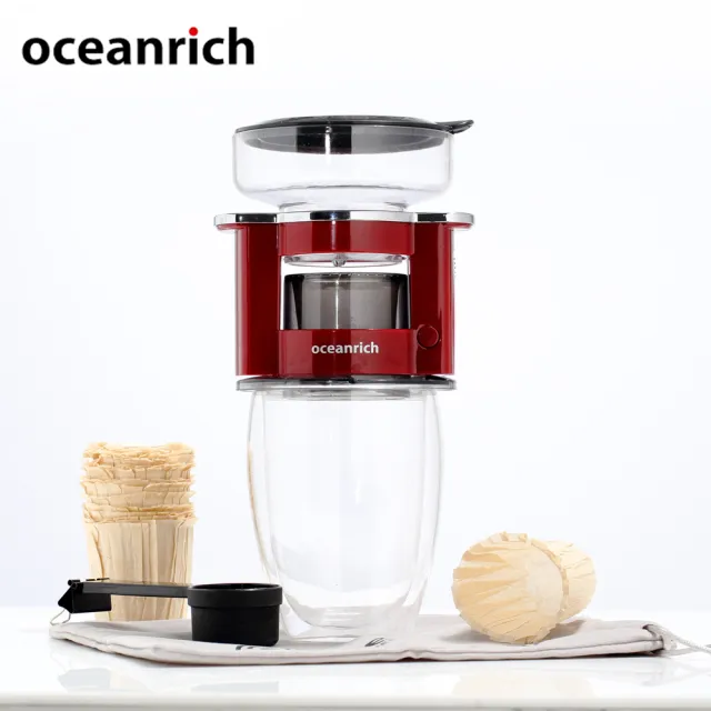 【Oceanrich】限量年中慶-手沖咖啡機禮盒(S2紅+360cc雙層玻璃杯+濾紙30入)/