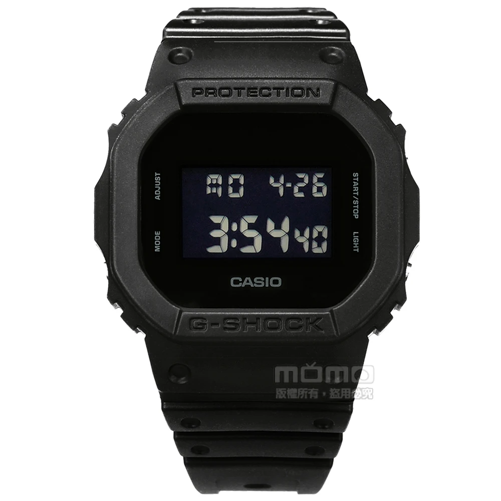【CASIO 卡西歐】G-SHOCK 簡約經典 電子液晶 碼錶計時 防水200米 運動 橡膠手錶 黑色 44mm(DW-5600BB-1)