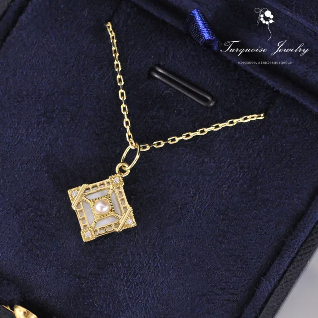 【Turquoise Jewelry】輕珠寶系列巴洛克Vintage風格天然淡水珍珠菱形墜飾S925銀鍍金項鍊(tqs0006)