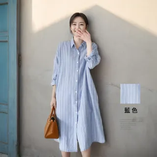 【Amore】韓系經典條紋棉麻口袋長版襯衫(長版單穿或當外套都好看)