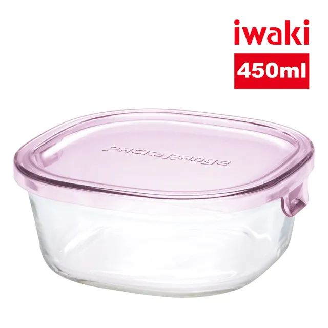 【iwaki】日本耐熱抗菌玻璃方形微波保鮮盒450ml(粉色)/