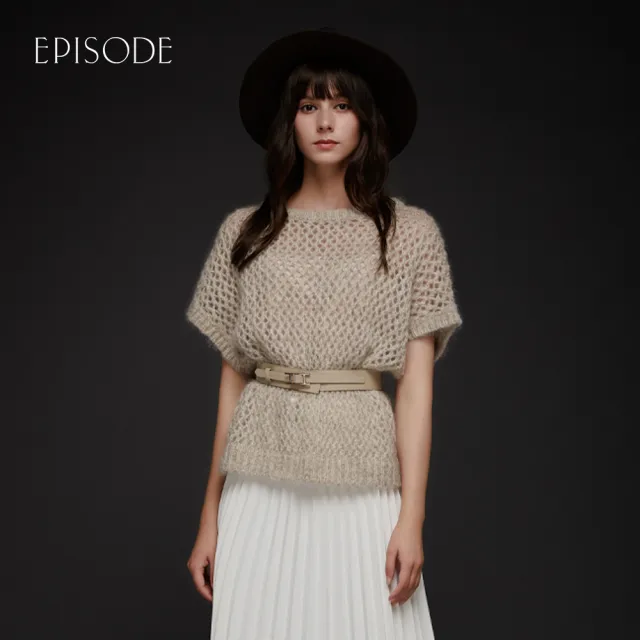 Episode 棕色寬鬆圓領羊毛混紡粗編編織短袖針織衫 Momo購物網