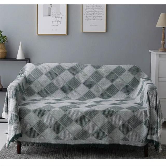 素色方塊沙發巾多功能蓋毯防塵布沙發罩90 240cm墨綠 Momo購物網