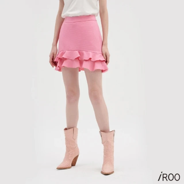 【iROO】粉細條荷葉波浪下擺短裙