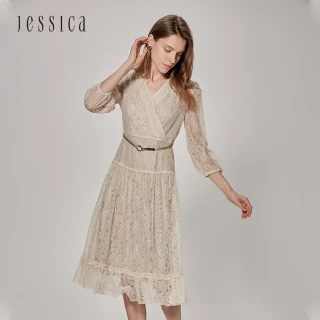 【JESSICA】香檳色蕾絲鏤空荷葉擺V領七分袖中長洋裝20417G
