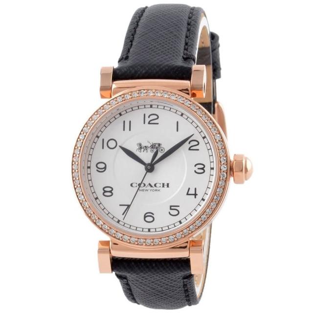 COACH【COACH】Madison玫瑰金鋯石圓框X黑色皮革錶帶手錶