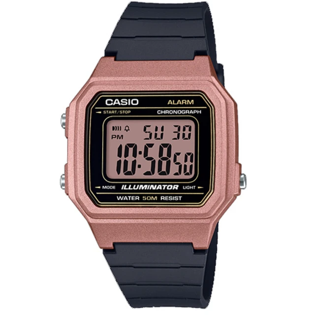 CASIO 卡西歐 方形機能性設計感電子錶-玫瑰金框(W-217HM-5A)