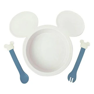 【小禮堂】迪士尼 米奇 日製兒童造型塑膠三件式餐具組《灰藍.大臉》餐盤.叉匙.兒童餐具
