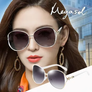 【MEGASOL】UV400防眩偏光太陽眼鏡時尚女仕大框矩方框墨鏡(魅力簍空金屬鑲鑽狐狸框GY-3151-多色選)