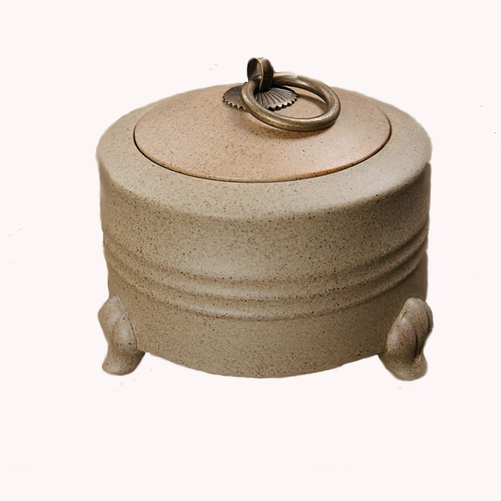 粗陶銅環三足茶葉罐(素燒罐)