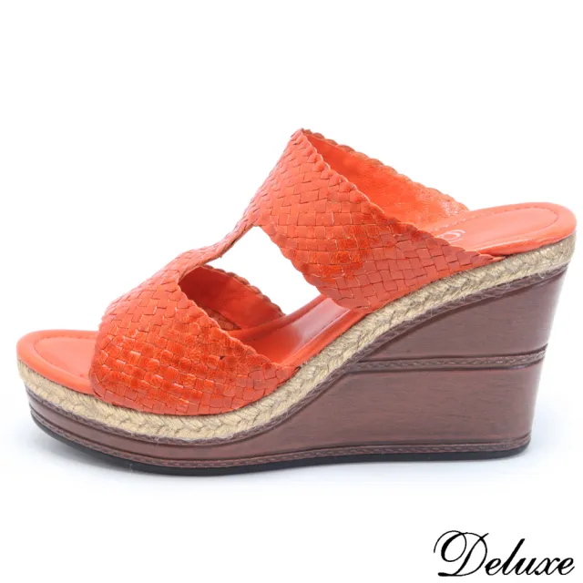 【Deluxe】全真皮日系亮麗時尚編織楔型拖鞋(橘)