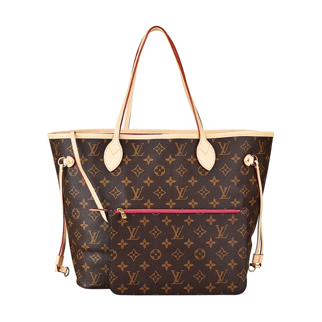 【Louis Vuitton 路易威登】LV M41178 NEVERFULL MM花紋LOGO Monogram帆布扣式手提肩背包(米)