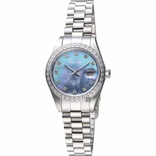 【RHYTHM 麗聲】優雅晶鑽機械日期女錶-藍貝x銀/28mm(RA1626S02)