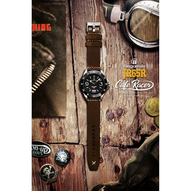 【elegantsis 愛樂時】x CafeRacer 經典復古機械錶-黑x咖啡/44mm(ELJR65AS-C1NB2L)
