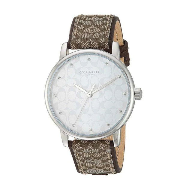 COACH【COACH】銀白色c logo錶面經典咖啡織紋布c logo錶帶時尚腕錶(885997331128)