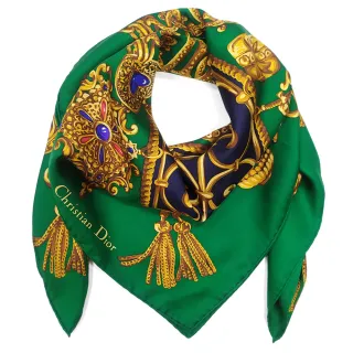 【Dior 迪奧】歐風繁華圖騰墜飾方型絲巾(綠色)