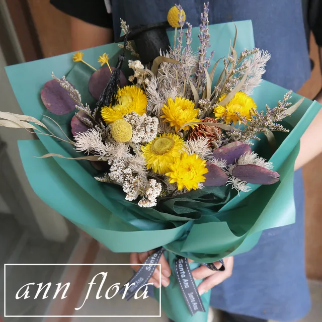 Ann Flora 黃紫色系乾燥畢業花束 主要為各式乾燥花 Momo購物網