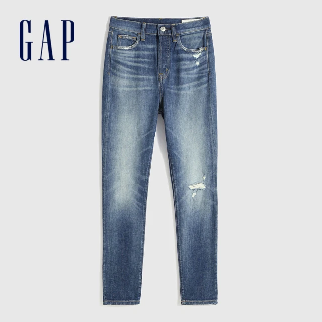 【GAP】女裝 做舊風格破洞五口袋牛仔褲(600513-靛藍色)