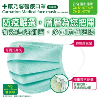 【康乃馨】兒童醫療口罩耳帶50片盒裝 未滅菌(粉綠)