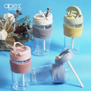 【APEX_3入組】歐美直飲吸管兩用耐熱玻璃隨行杯500ML四色任選/大口徑/提把/支架/咖啡杯(3入組)