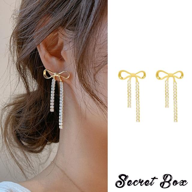 SECRET BOX【SECRET BOX】韓國設計925銀針閃耀美鑽鍊條蝴蝶結造型耳環