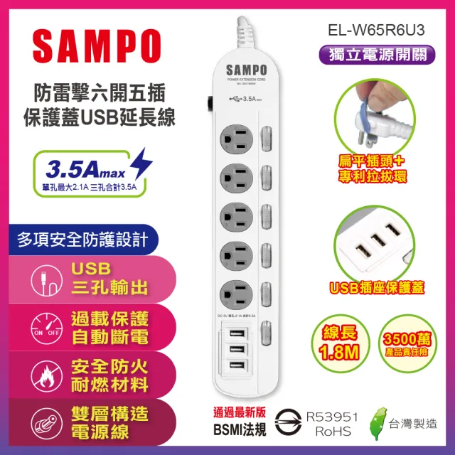 【SAMPO 聲寶】防雷擊六開五插保護蓋USB延長線6尺 EL-W65R6U3