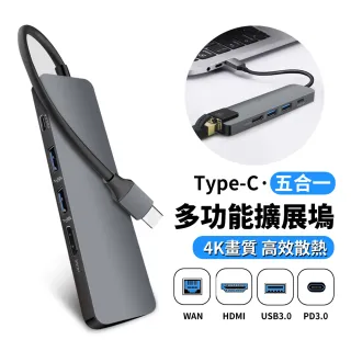 【ANTIAN】Type-C 五合一多功能轉接器 HUB集線器 網路轉換器 HDMI USB3.0轉接頭 mac擴展塢(mac擴展塢)