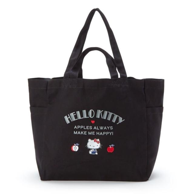 【小禮堂】Hello Kitty 船形帆布側背袋 折疊帆布袋 帆布手提袋 帆布托特包 《黑 logo》