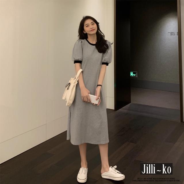 JILLI-KO【JILLI-KO】黑邊抓皺舒適簡約連衣裙-F(黑/灰)