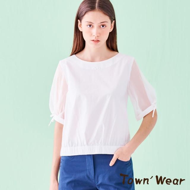 TOWN’WEAR 棠葳【TOWN’WEAR 棠葳】透膚綁帶泡泡袖純棉上衣