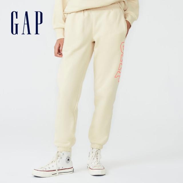 【GAP】女裝 Logo印花鬆緊針織長褲(624757-米色)