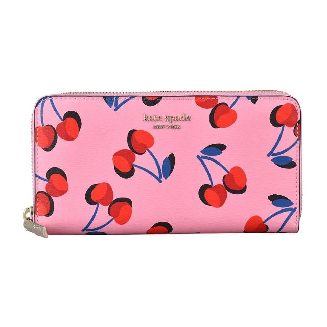 【KATE SPADE】Kate Spade Spencer Cherries經典金字LOGO櫻桃設計牛皮12卡拉鍊長夾(粉紅)