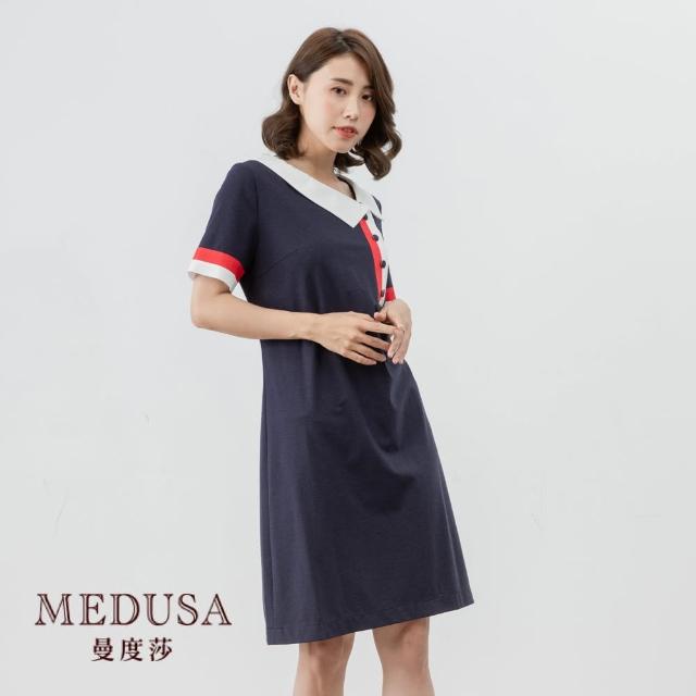 【MEDUSA 曼度莎】斜領紅白休閒純棉洋裝（M-2L）｜純棉 休閒洋裝｜上班穿搭 職場穿搭(601-34106)