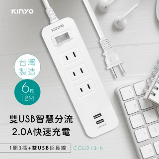 【KINYO】1開3插+雙USB延長線 1.8M(CGU213-6)