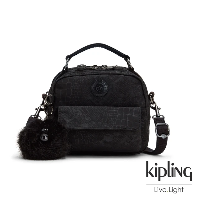 【KIPLING】時髦黑佐鱷魚紋拉鍊兩用側背後背包-PUCK