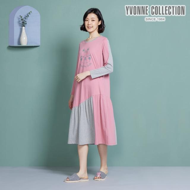 【Yvonne Collection】閉眼石虎圖案拼接長袖洋裝(活力粉)