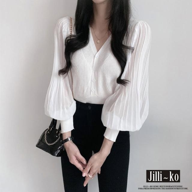 JILLI-KO【JILLI-KO】壓褶燈籠袖拼接針織衫-F(黑/白)