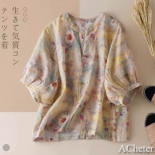 【ACheter】復古印花燈籠袖棉麻寬鬆上衣#j110536現貨+預購(花紋)