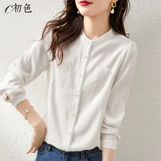 【初色】氣質刺繡小立領襯衫-白色-90498(M-2XL可選)